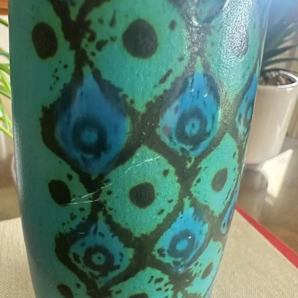 Vintage MCM Sasha Brastoff Turquoise Blue Art Pottery Bud Vase Peacock Design